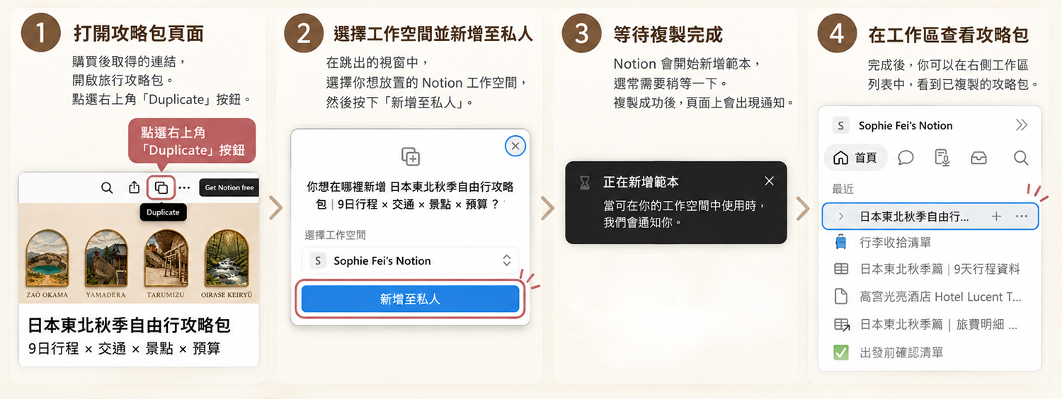 Notion旅遊攻略包 Duplicate 到自己的 Notion 工作區四步驟教學